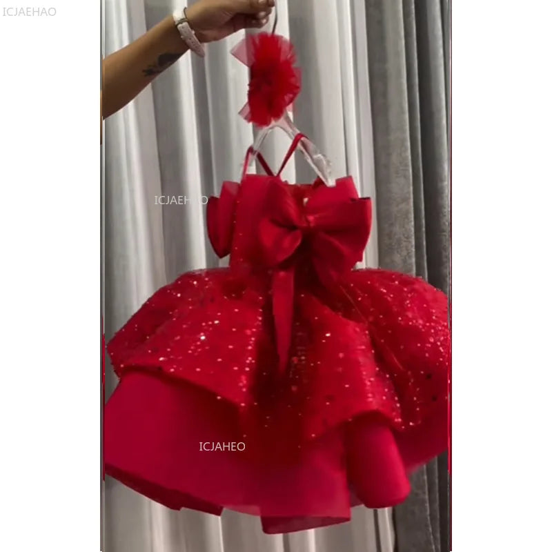 New Children Girls Red Sequin Party Dress Puffy Tulle Princess Gown for Kids Birthday Christmas Celebration Pageant Formal Wear