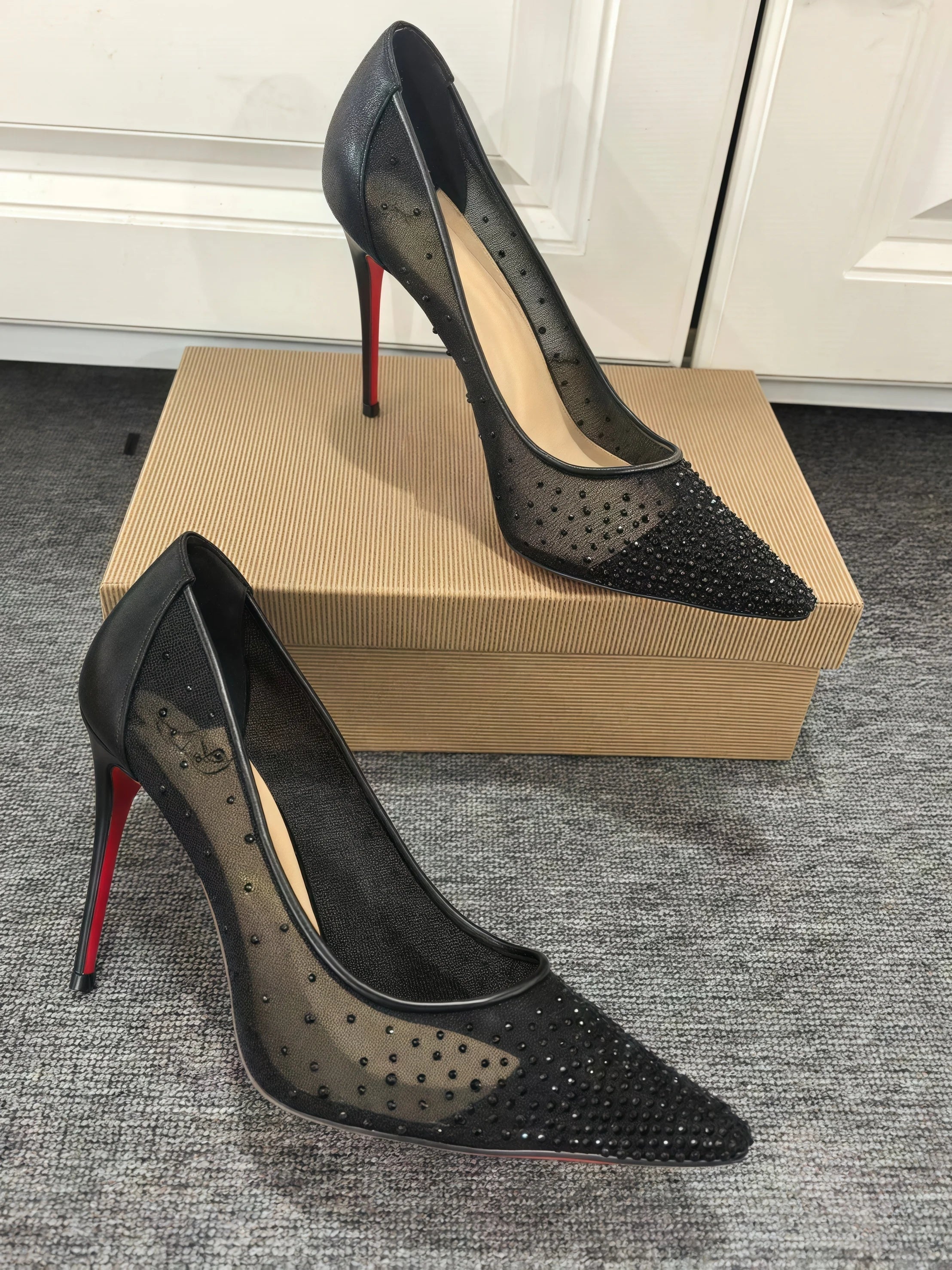Zapatos de tacón de mujer con encaje de malla negra de lunares, punta afilada, suela roja, tacones altos de 8, 10 y 12 cm, talla 35-42