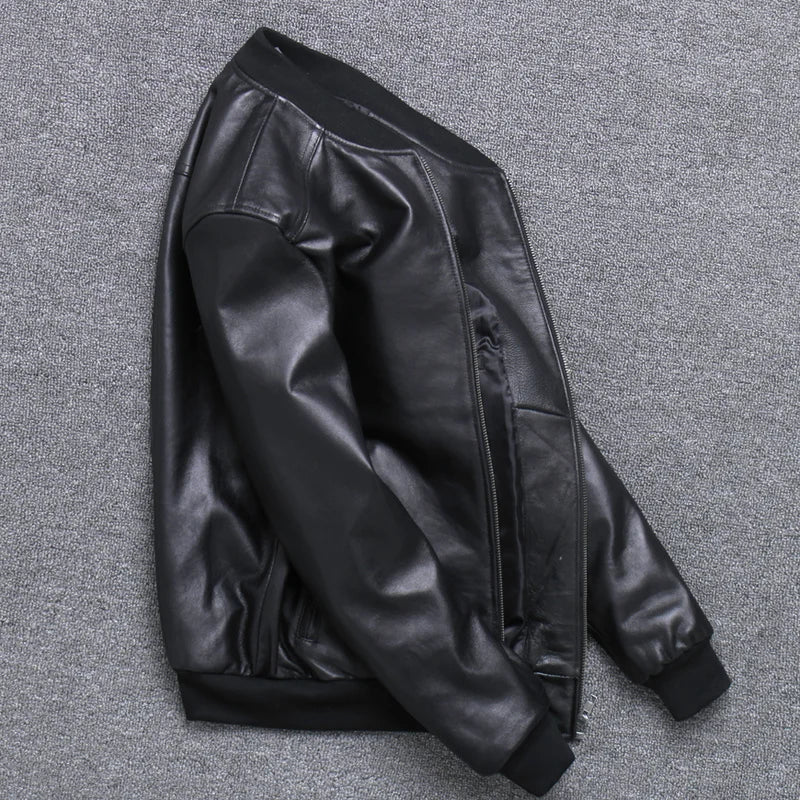 Leder Bomberjacke Herren Fliegerjacke Schwarzes echtes Leder Schaffell Kurz Slim Business Jacke Leder
