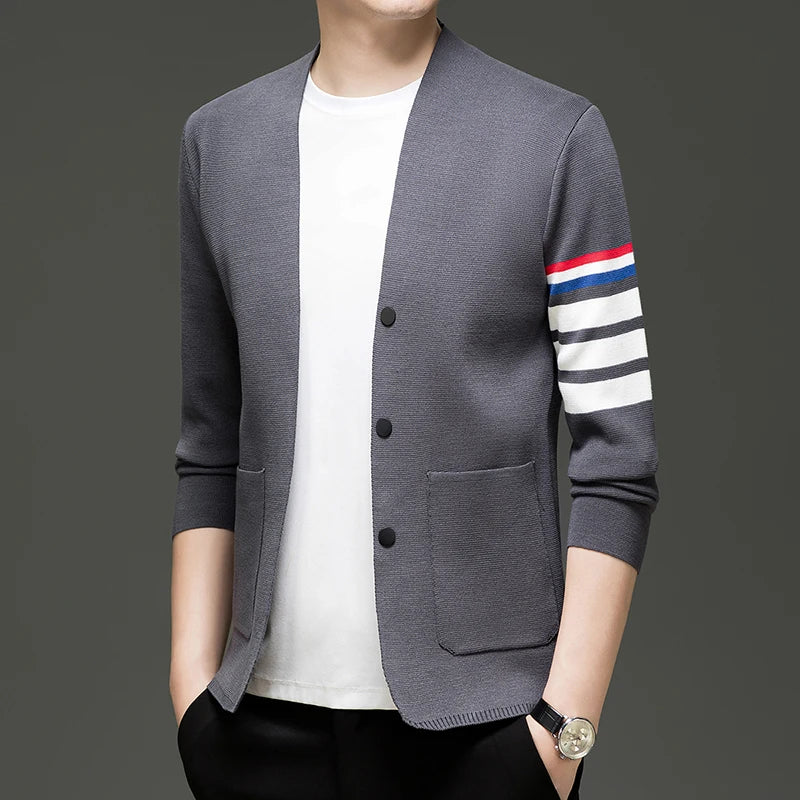 Spring Autumn New Men's V-Neck Knitted Cardigan High Quality Color Blocked Striped Breathable Pocket Sweater Versatile Menswear