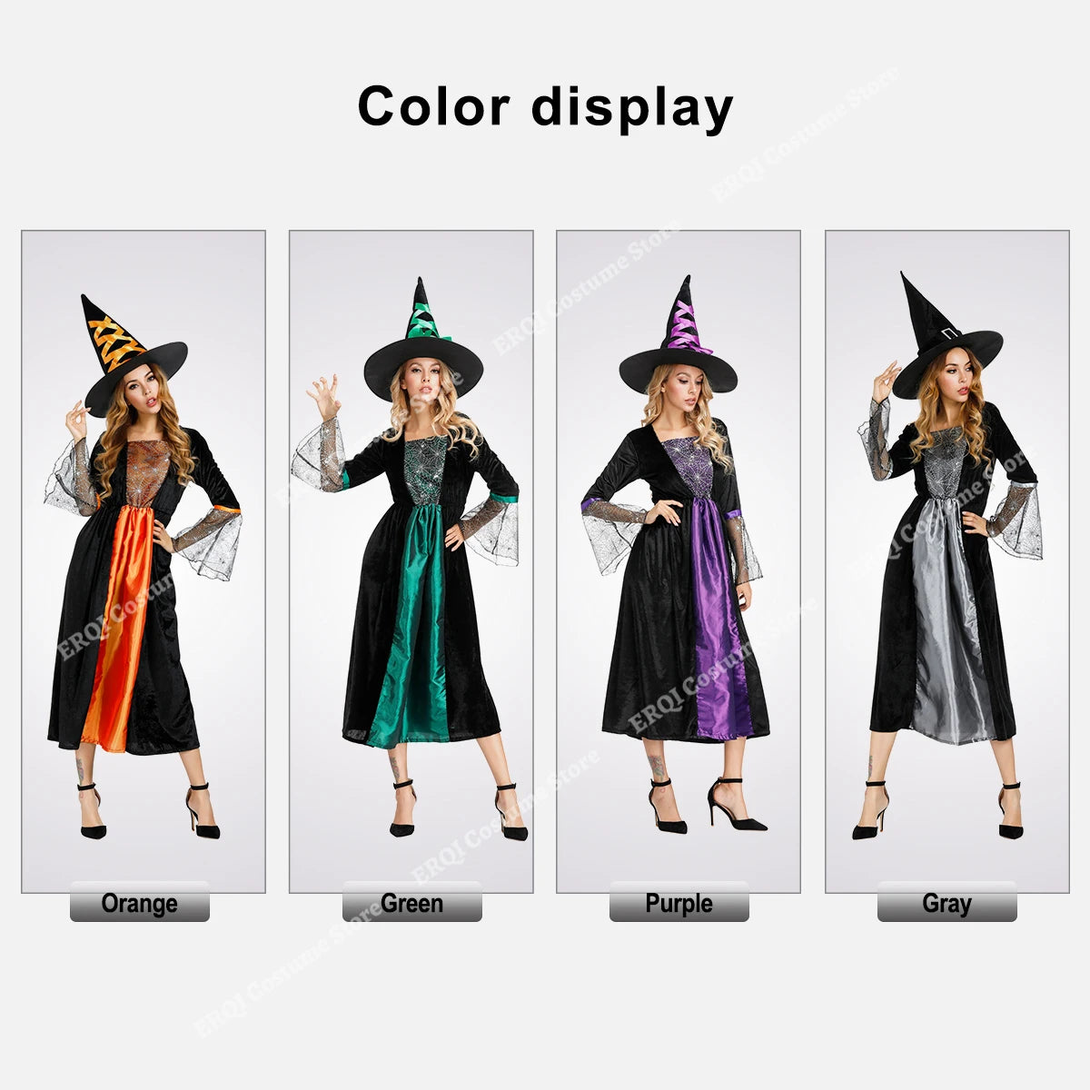 Halloween Dresses for women Witch Costume Sorceress Dress Lace Sleeves Spider Witch Dress Magic Hat Purple Gray Orange green