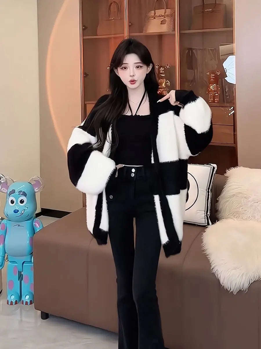 Women Mink Fur Knitted Cardigans Sweaters Autumn Winter Loose Sweet Fashion Stripe Lantern Sleeve Thicken Contrast Color Coats