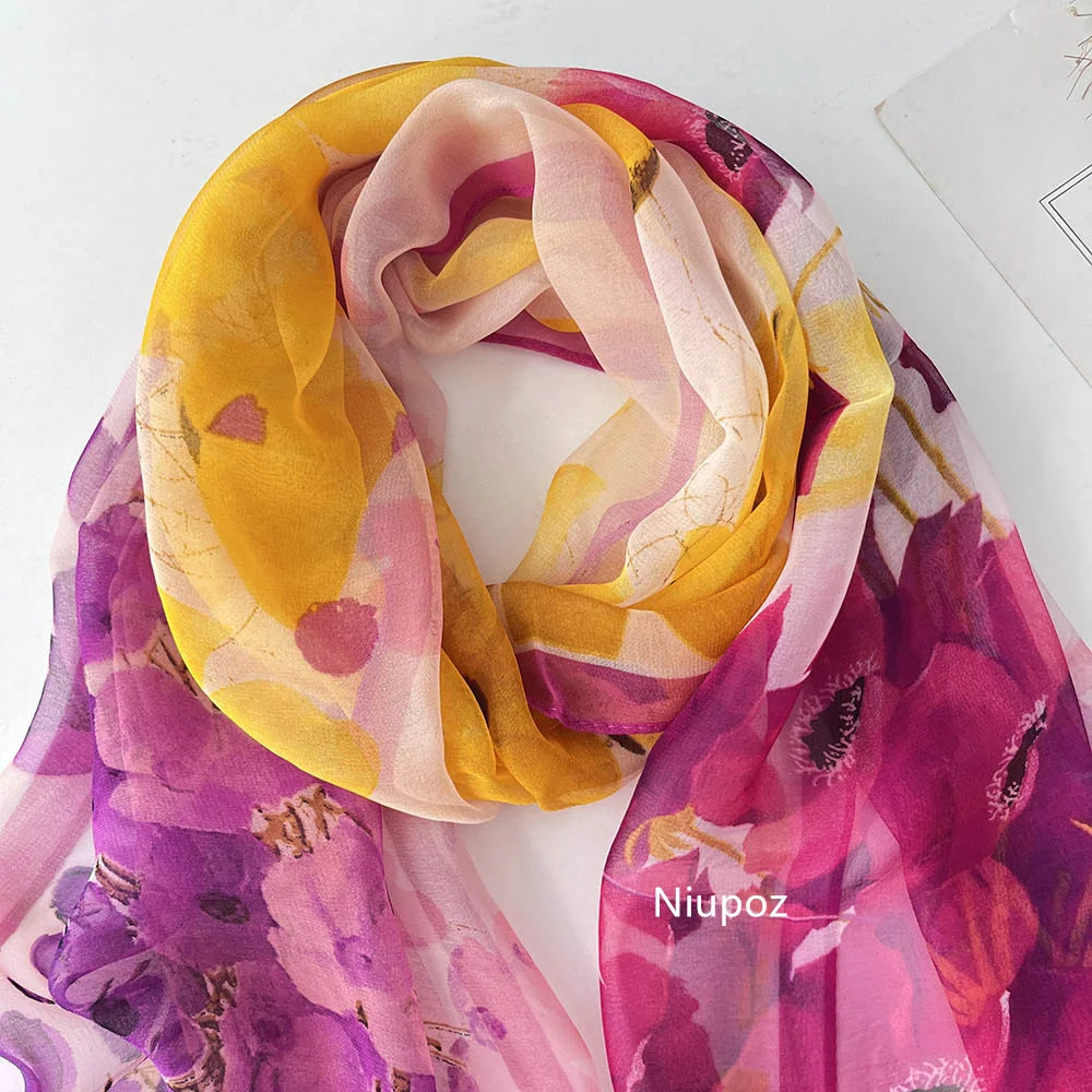 Bright Colors Printed Scarf Pretty Women Elegant Chiffon Georgette Bandana Scarf Summer Beach Sunscreen Thin Shawl