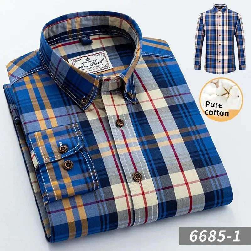 New Men's Pure Cotton Plaid Long Sleeve Shirt Spring Whole Cotton Casual Shirt Korean Style Slims Smooths Your Silhouette No Iro