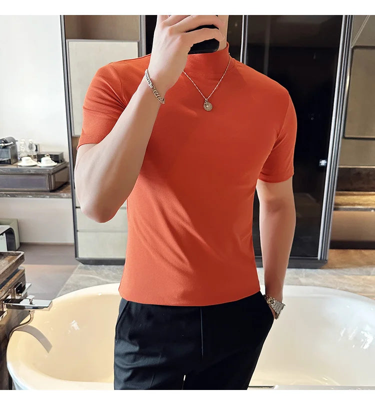 Spring Summer Men's Half High Neck Short Sleeve T-shirt Korean Slim Fit Solid Color Bottom Shirt Casual Cotton Elastic T-shirts