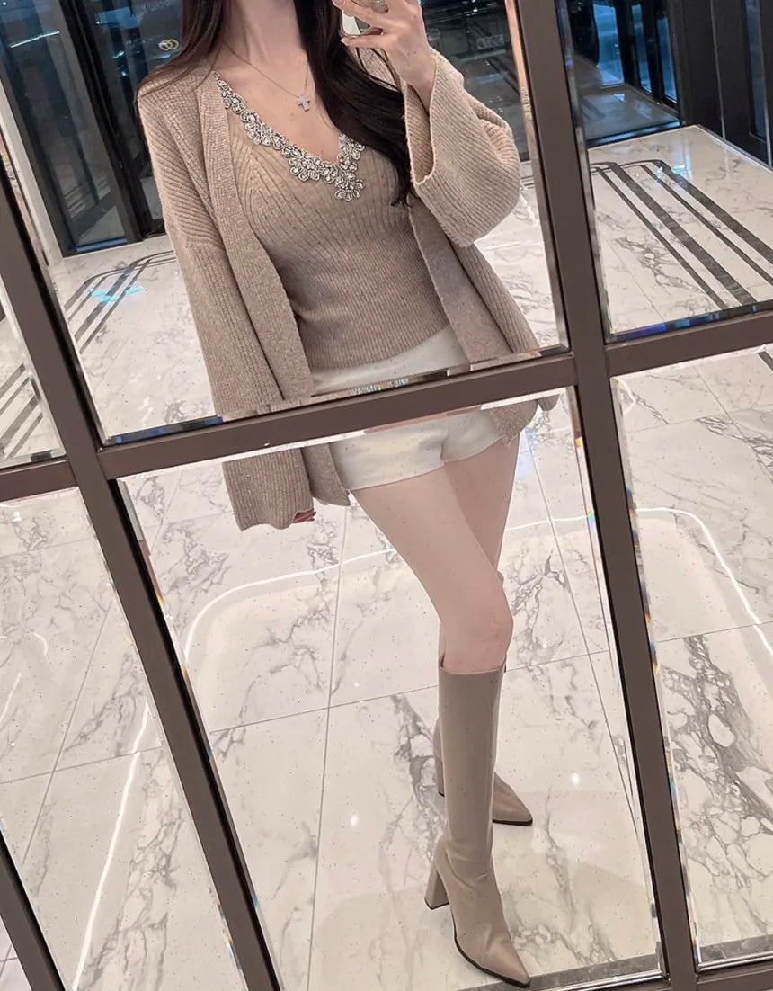 Korean Sle Sexy Sequin Strap Vest Women's Inner Knitted Cardigan Coat Autumn Two-Piece Set Faionable Top And Bot Ensemble