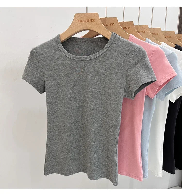 AOSSVIAO 2026 Summer White Cotton O Neck T-shirt Student Short Sleeve Versatile Tops Solid Slim Fit T Shirts Y2k Tee
