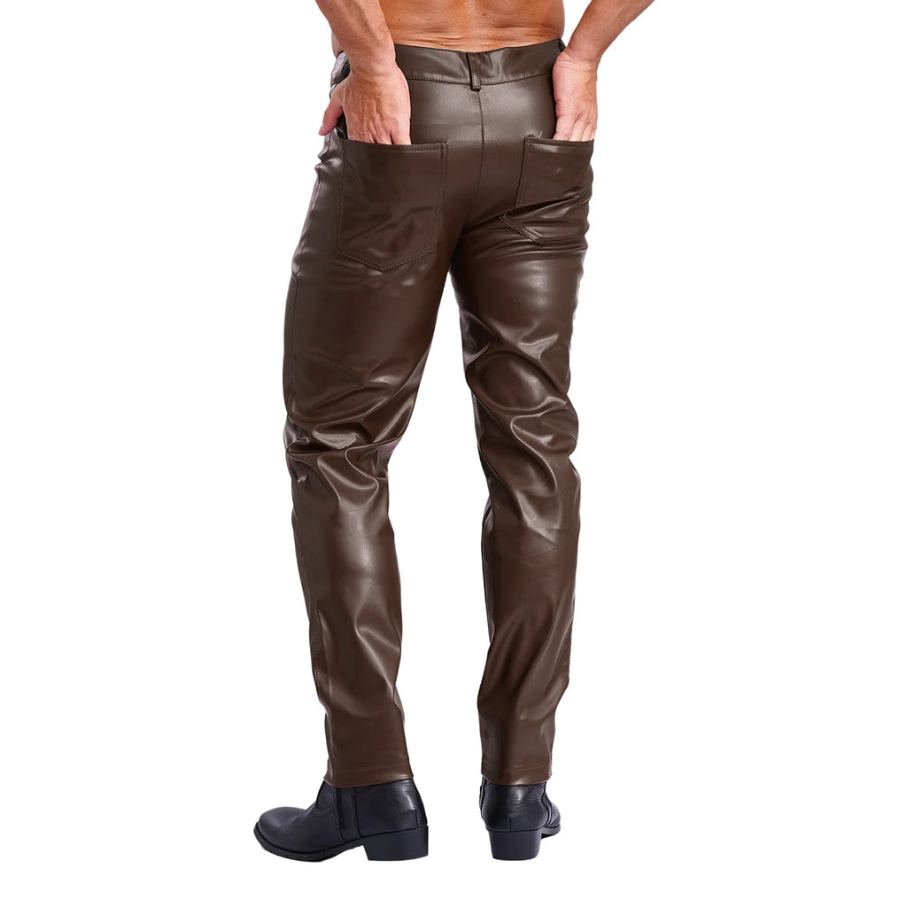 Mens Stylish Faux Leather Pants Pockets Halloween Costume Smooth Lining Straight Pants Tights Leggings Music Party Clothings