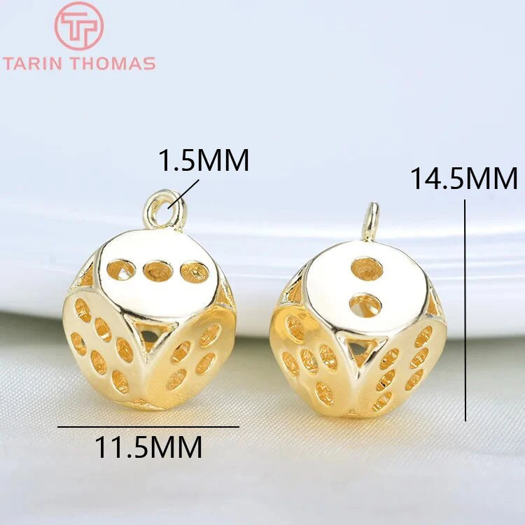 (1285)10PCS 11.5x15MM 24K Gold Color Plated Brass Dice Charms Pendants High Quality Diy Jewelry Accessories