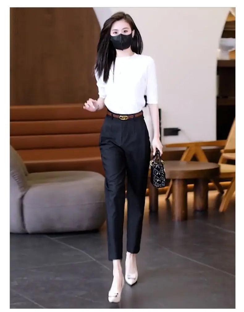 Office Lady Korean Fashion Women Suit Pants Spring Autumn Solid Slim Pencil Streetwear Casual High Waist Harem Cropped Trousers