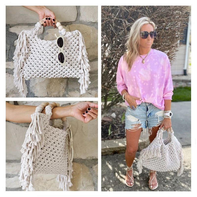 Macrame bag wholesale women Crochet boho chic Summer fringe beach tote bag ivory purple green blue black