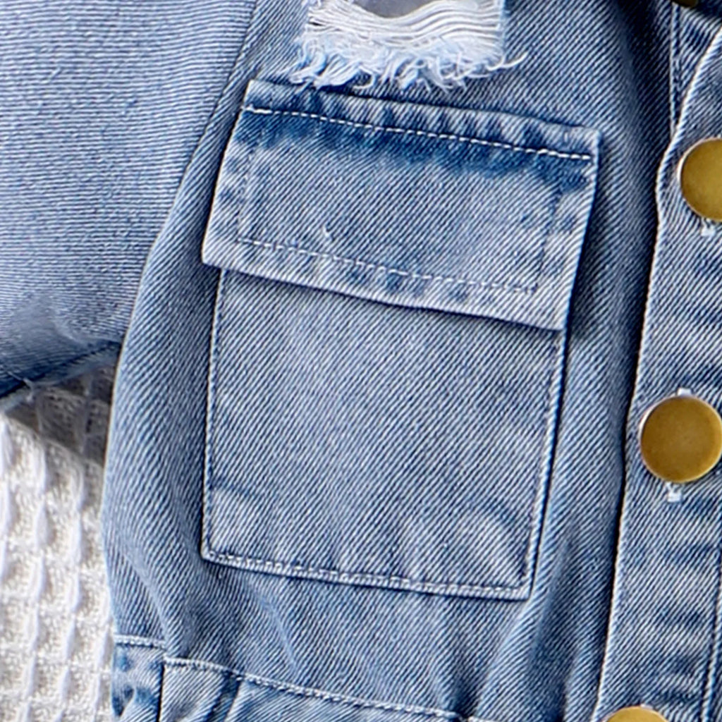 New Children Denim Jumpsuits Dresses Girls Medium and Large Kids Waist-cinching Denim Jumpsuit with Lapels and Ripped Waists