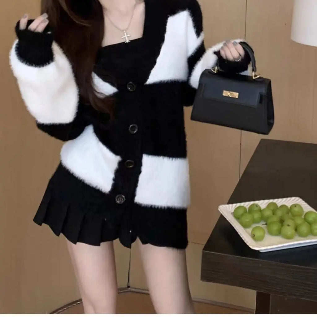 Women Mink Fur Knitted Cardigans Sweaters Autumn Winter Loose Sweet Fashion Stripe Lantern Sleeve Thicken Contrast Color Coats