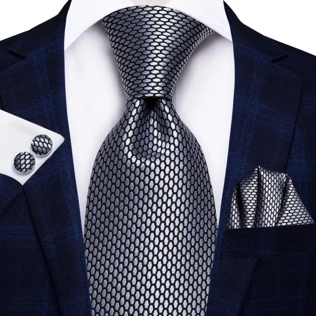 Hi-Tie White Grey Paisley 2026 New Mens Tie Hanky Cufflink Set Necktie For Men Wedding Party Business Men Tie Fashion Brand