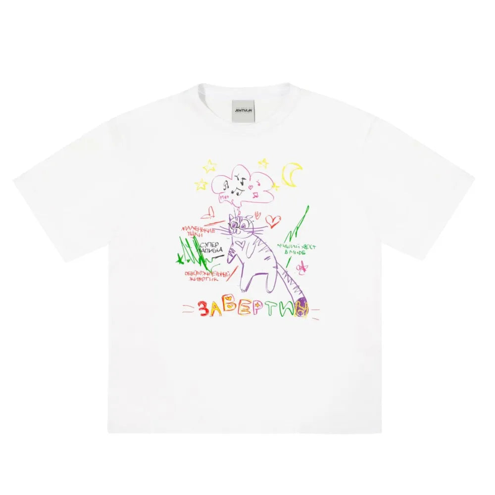 Streetwear Men's Clothing Cotton Cat Graphic Print Korean Fashion Harajuku Goth Y2k Hip Hop Short Sleeve Top Tee Oversize Tshirt