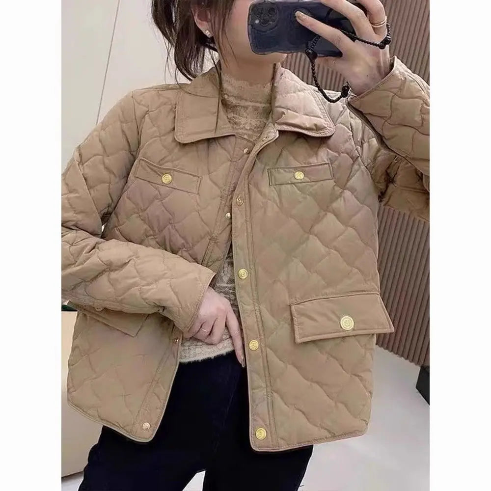 Down Cotton Jacket Women's 2025 Autumn Winter New Light And Thin European High-End sense Niche Rhombus Down Cotton Jacket Parka