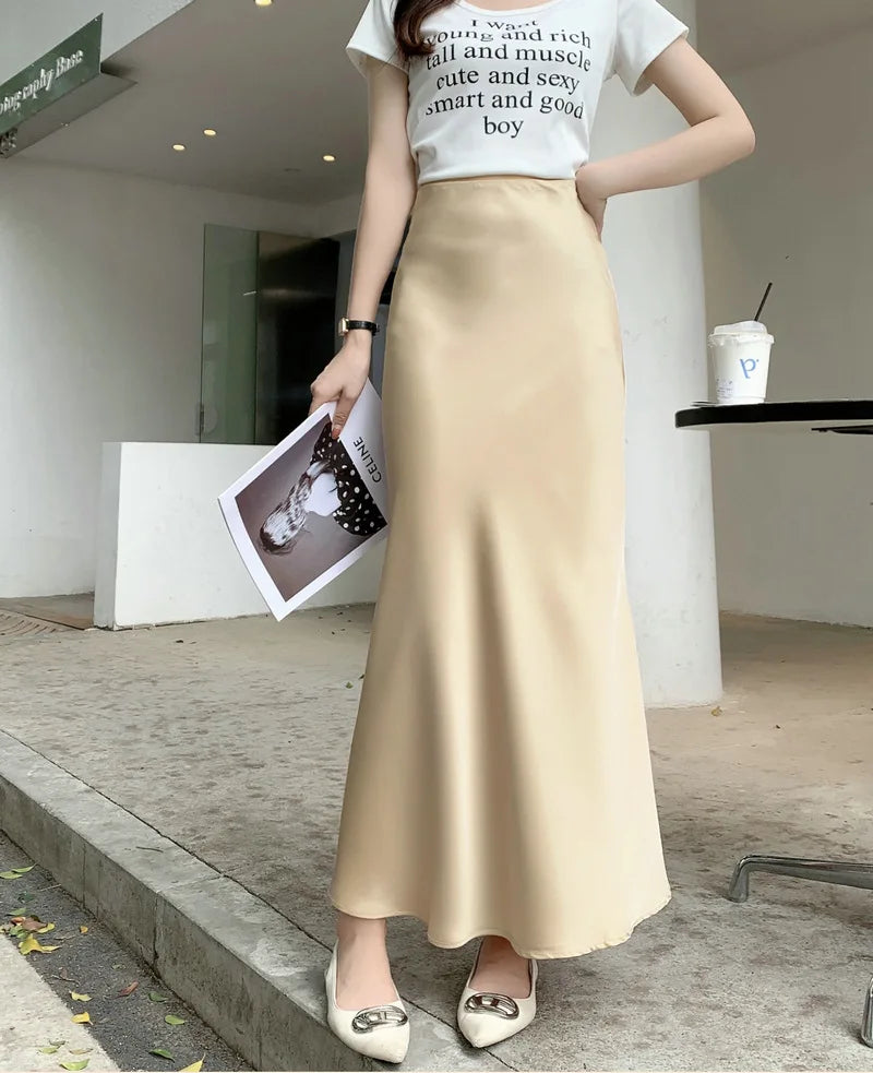 Woman 2025 Satin Skirt Women High Waist Long Skirts for Women Summer Black Midi Skirt Office Elegant Women's Skirts LSK9836