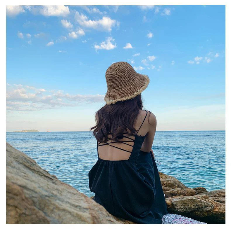 Summer Woven Straw Hat Ladies Beach Hat Sun Hat Wide Brim Soft Simple Fisherman Hat Panama Straw Dome Woven Bucket Hat
