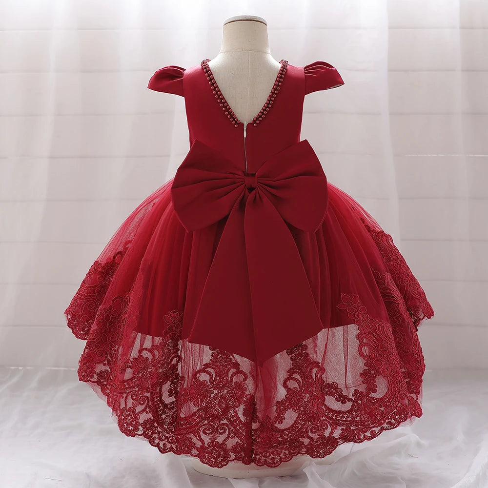 Toddler Bow Baby Dress For Girls Beading Tulle Princess 1st Birthday Embroidery Kids Party Dresses for Girl Pink Baptism Costume