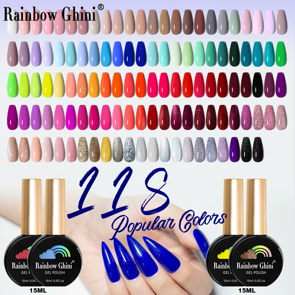 Rainbow Ghini 15ml Neon UV LED Gel Nail Polish Glitter Semi Permanent Hybrid Varnish Paints Nails Supplies for Professionals