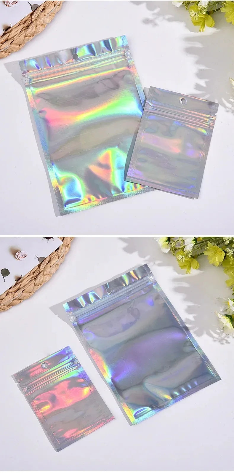 200PCS Laser Ziplock Bag Necklace Earrings Jewelry Gift Packing Bags Cell Phone Cases Colorful Packing Bags Kitchen Organizer
