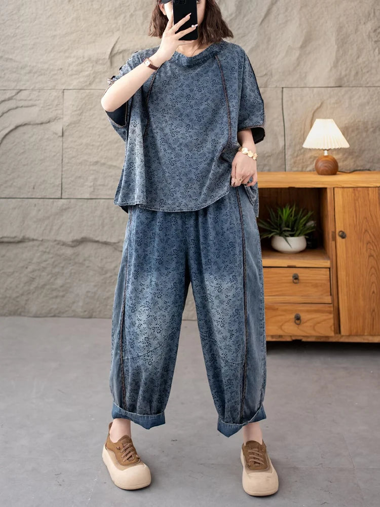 AmaxluluE 2025 Summer Women Denim Suits Loose Printed Two Pieces Sets Floral Outfit O Neck Tops Tees Vintage Jeans Fashion Pants