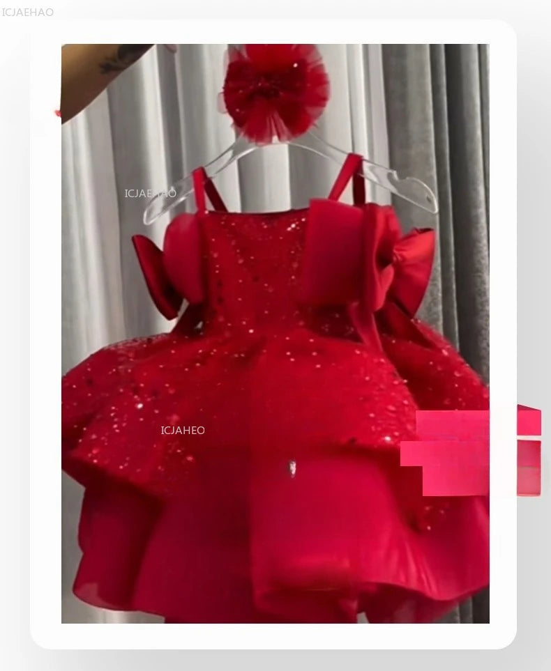 New Children Girls Red Sequin Party Dress Puffy Tulle Princess Gown for Kids Birthday Christmas Celebration Pageant Formal Wear