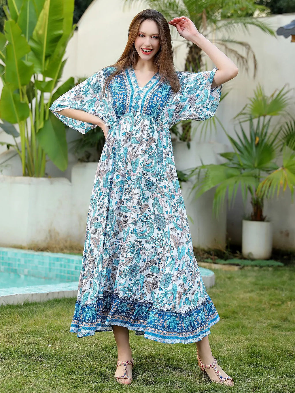 Bohemian Oversize Loose Elastic Waist Maxi Dresses Women Robe Cotton Rayon Floral Printed Long Dress Summer Boho Beach Cover up