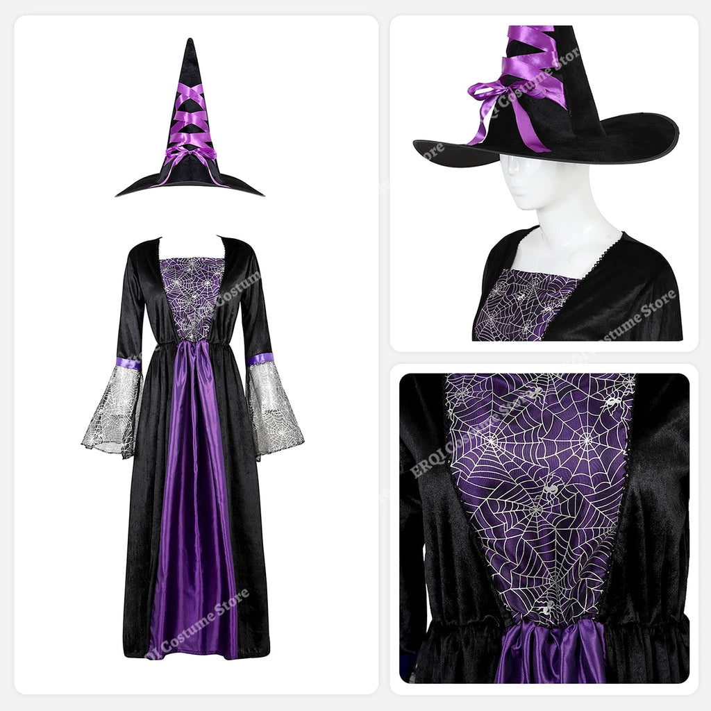 Halloween Dresses for women Witch Costume Sorceress Dress Lace Sleeves Spider Witch Dress Magic Hat Purple Gray Orange green