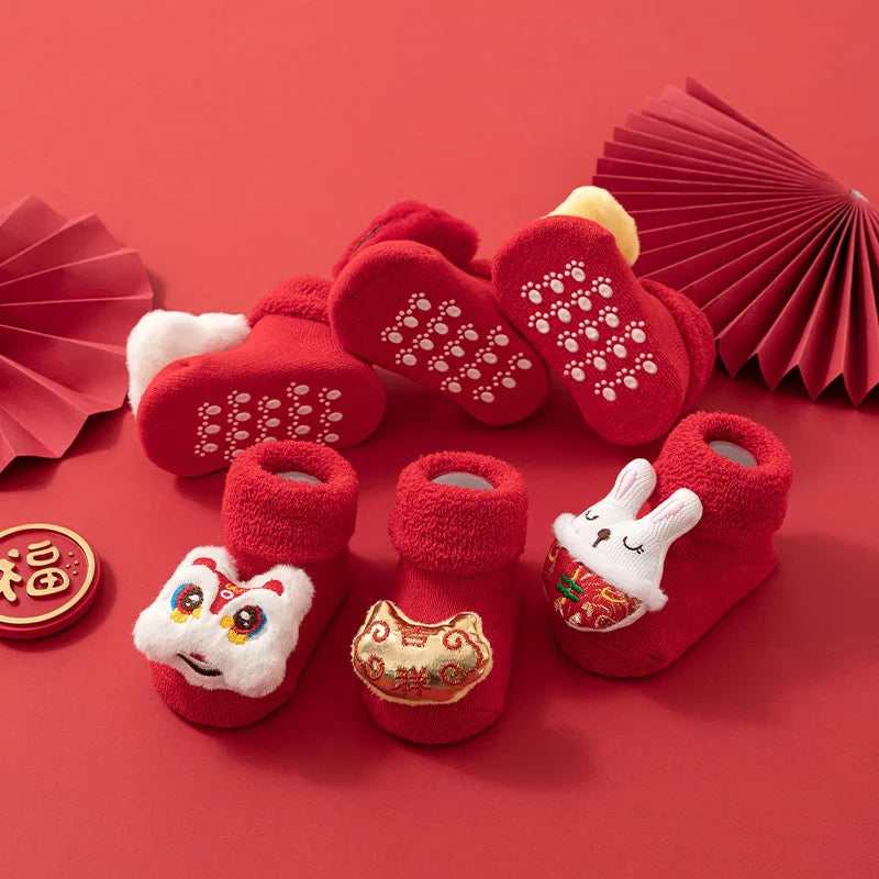 Baby Newborn New Year Long Socks Red Cute Carton Lion Boy Girl Anti-Slip Floor Socks Winter Thick Warm 0-3Y Kids Terry Socks
