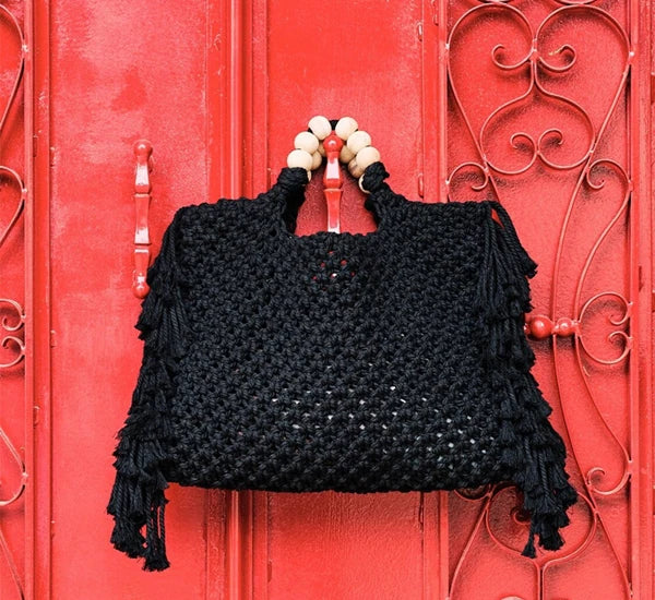 Macrame bag wholesale women Crochet boho chic Summer fringe beach tote bag ivory purple green blue black