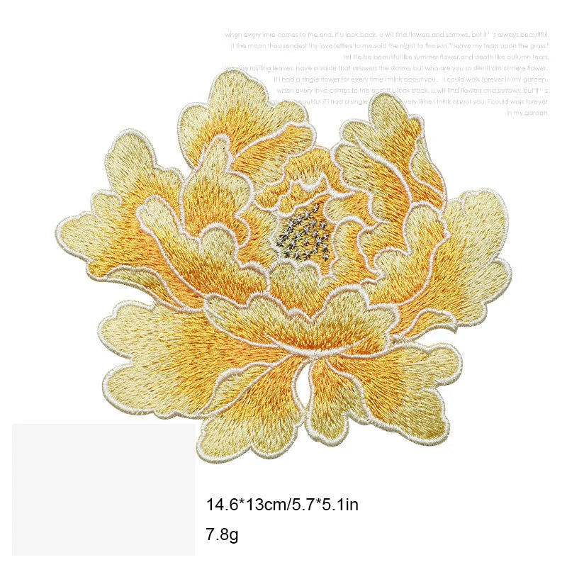 1 Piece 14.5*13cm Blue Pink Yellow Red Peony Embroidery Patch Applique Sew on Patch for Evening Dress Bag DIY Glue-free
