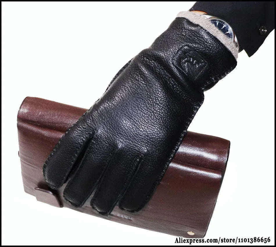 Men's and Women's High-end Buckskin Goat Leather Gloves Autumn and Winter Thin Warm Knitted Wool Lining Driving Leather Gloves