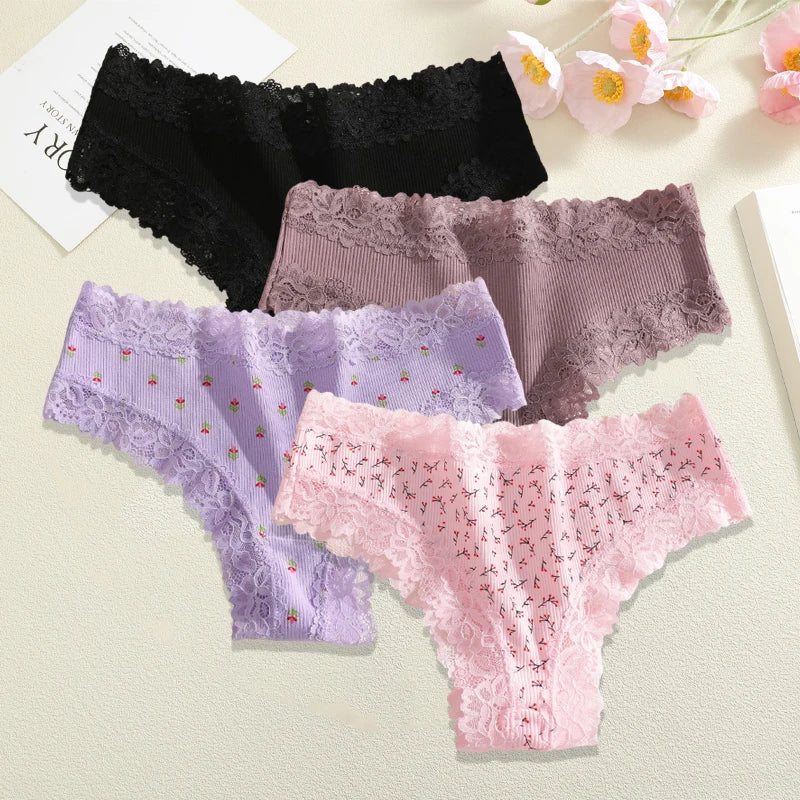 4Pc S-XL Women's Cotton Sexy Lace Brazilian Pants Seamless Low Waist Printing Breathable Underwear Ladies Lace Patchwork Panties
