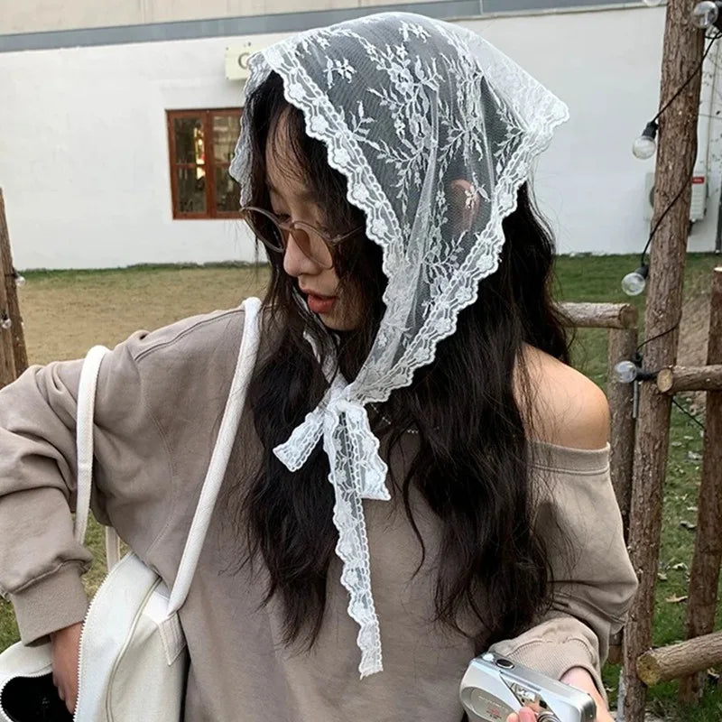 Lace Trim Bandana Triangle Scarf Delicate Ins Ruffled Lace Hair Scarf 2-in-1 Head Band Waist Accessory for Y2K Outfits Headscarf