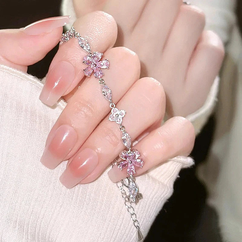Y2K Sweet Pink Crystal Bracelet for Women Bling Zircon Elegent Blossom Flowers Bracelet Wedding Party Jewelry Gifts