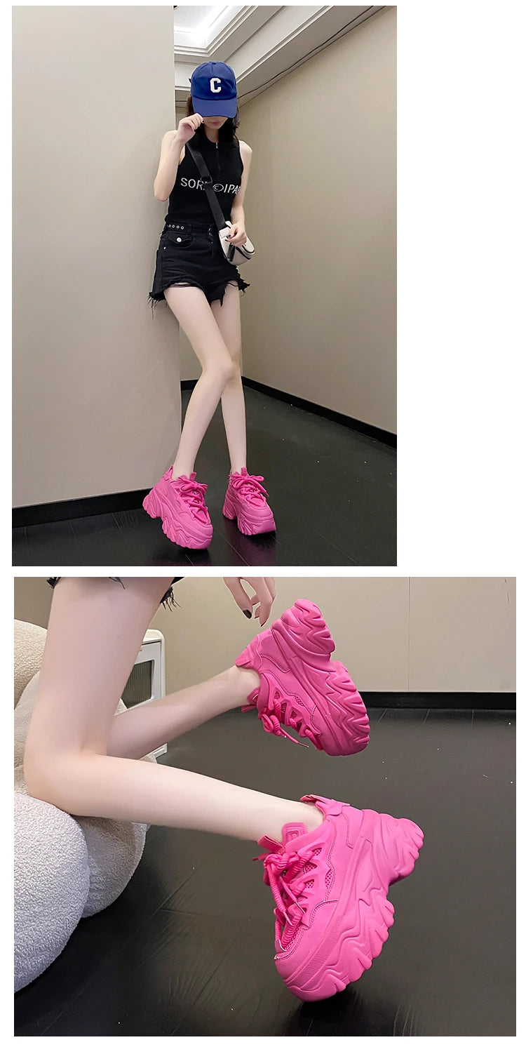 Women Platform Casual Breathable Mesh Shoes 2025 New Summer Chunky Sneakers 8.5CM Wedges Hidden Heels Hollow Leisure Shoes Woman
