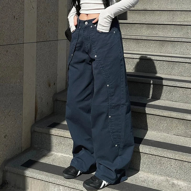 BKQU Fashion Straight Wide Leg Pants Women Baggy Jeans 2024 New American High Waist Irregular Rivets Design Wash Denim Trousers