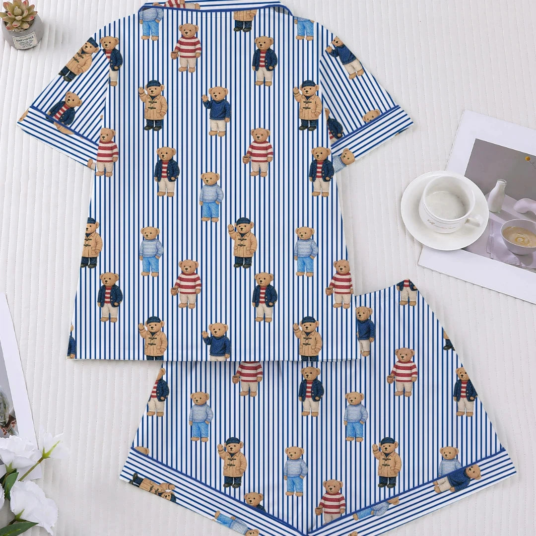 Women's Pajama with Bear Polka Point Stripes Print Blue Lapel Short Sleeve Short Pants Trousers Loungewear Home Wear Set Clothes