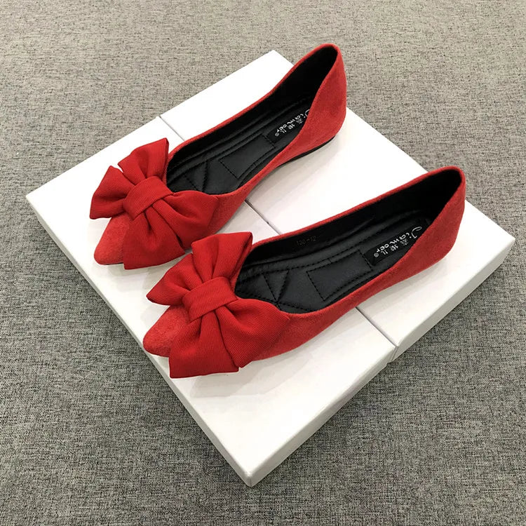 Women Flats Spring Summer Butterfly-knot Bow Velvet Flock Leather Flat Shoes for Women Black Red Apricot Zapatillas Mujer 44 45