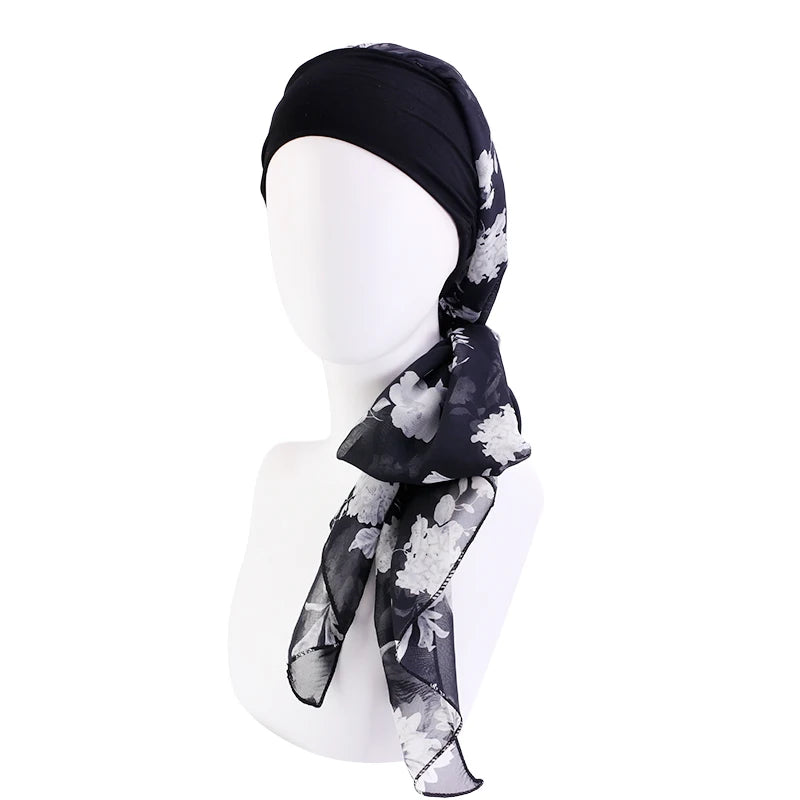 New Muslim Women Hijab Head Wrap Pre-Tied Headwear Cancer Chemo Flower Printed Elastic Turban Cover Hair Loss Head Scarf Bandana