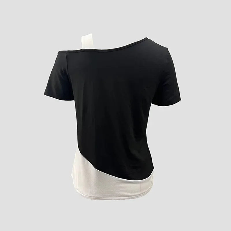 Casual Sommer-Top T-Shirt Damen Chic Color-Blocking Off-Shoulder T-Shirt Kurzarm und asymmetrische Tops