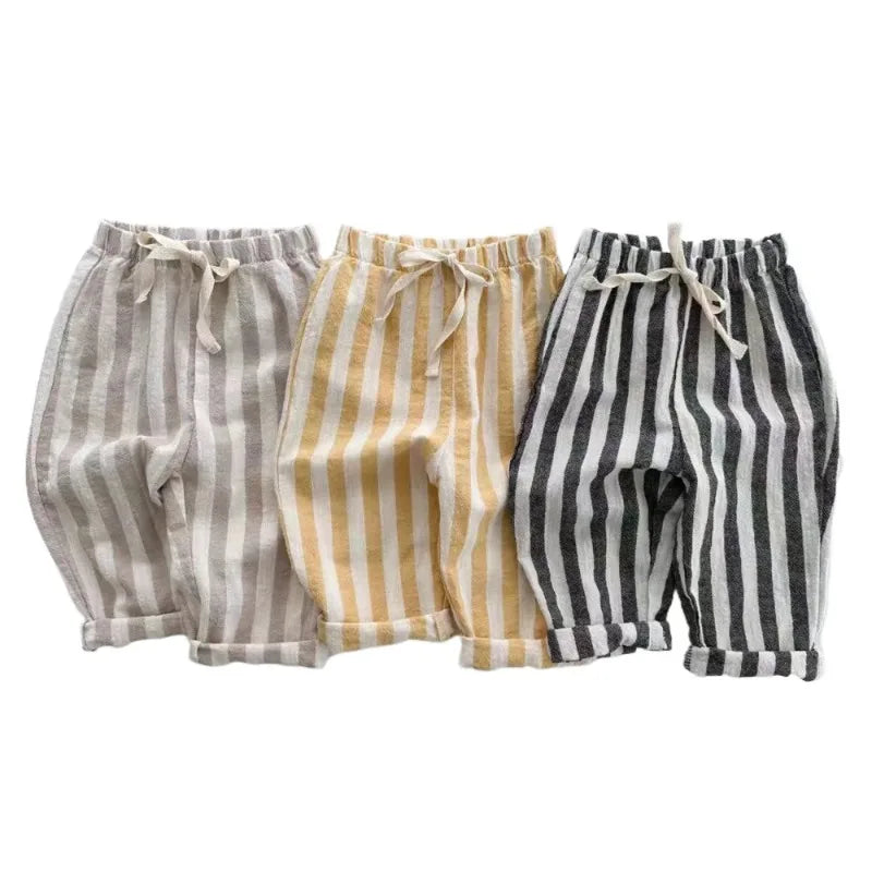 Vintage Linen Cotton Stripe Pants for Boys Casual Pocket Design Elastics Waist Pants for Toddler Girl Clothing Children Trousers