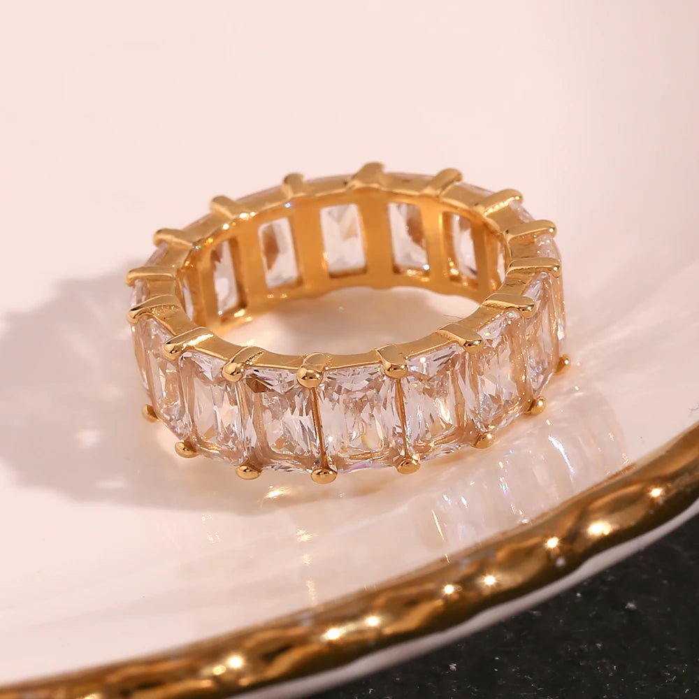 E.B.belle Tarnish Free 18K Gold Plated Shiny Square Zircon Ring 316L Stainless Steel Transparent Waterproof Women's ring
