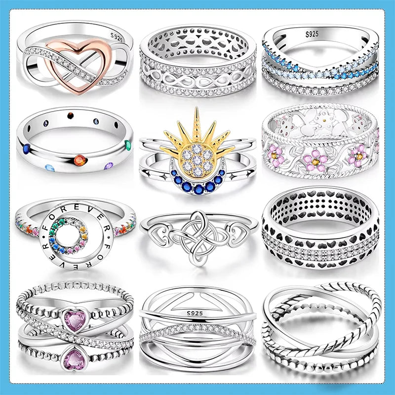 925 Sterling Silver Ring Shiny Sun Star Moon Lines Colorful Eternal Love Rings Wedding Jewelry Gift For Woman