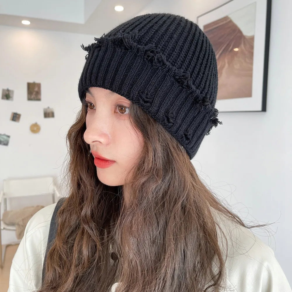 Solid Color Dilapidated Hole Knitted Hat Thickened Ear Protection Warm Cap Beanie Cap Hip-Hop Hat Unisex Pompoms Hat