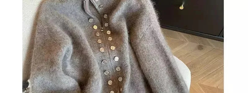 Grey Vintage Sweater Cardigans For Women Autumn New High Collar Double Breasted Knitted Coats Simple Elegant Female Knitwear Top