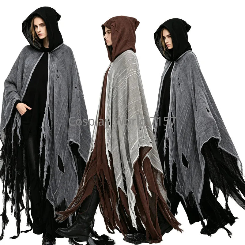 Adult Halloween Horror Reaper Costume Cloak Tattered Torn Gauze Hooded Ghost Cape, Scary Zombie Witch Wizard Robe Carnival Party