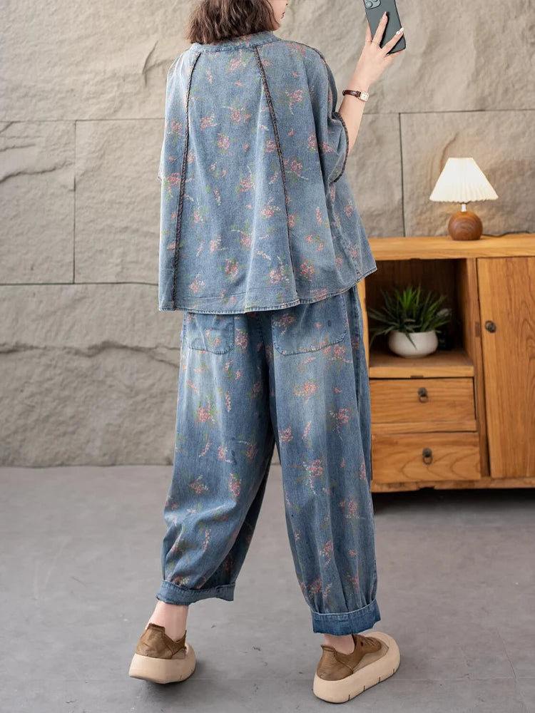 AmaxluluE 2025 Summer Women Denim Suits Loose Printed Two Pieces Sets Floral Outfit O Neck Tops Tees Vintage Jeans Fashion Pants