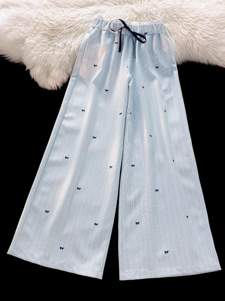 Zoki Sweet Bow Striped Pants Women High Waist Korean Casual Wide Leg Trousers Elegant Fashion Loose Cute Female Spring Pants New
